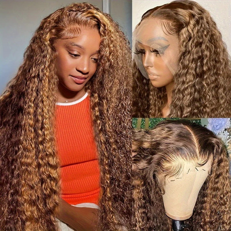 Highlight Deep Curly Lace Front Human Hair Wigs 13x4 Honey Blonde Deep Wave Colored Glueless Wigs