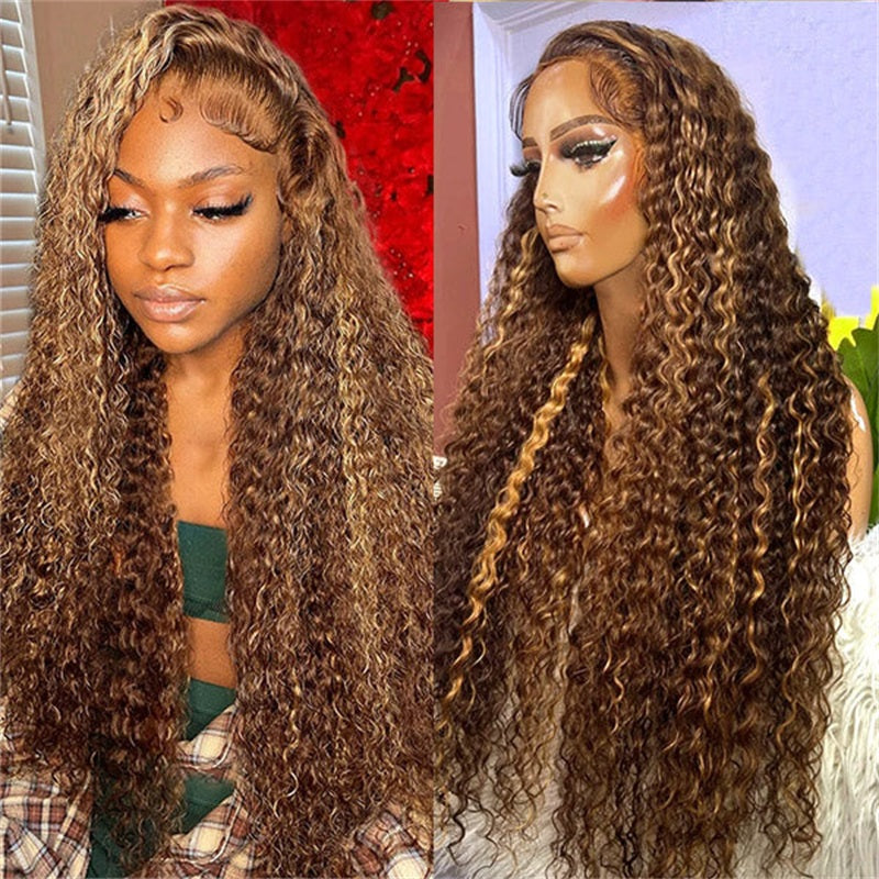 Highlight Deep Curly Lace Front Human Hair Wigs 13x4 Honey Blonde Deep Wave Colored Glueless Wigs