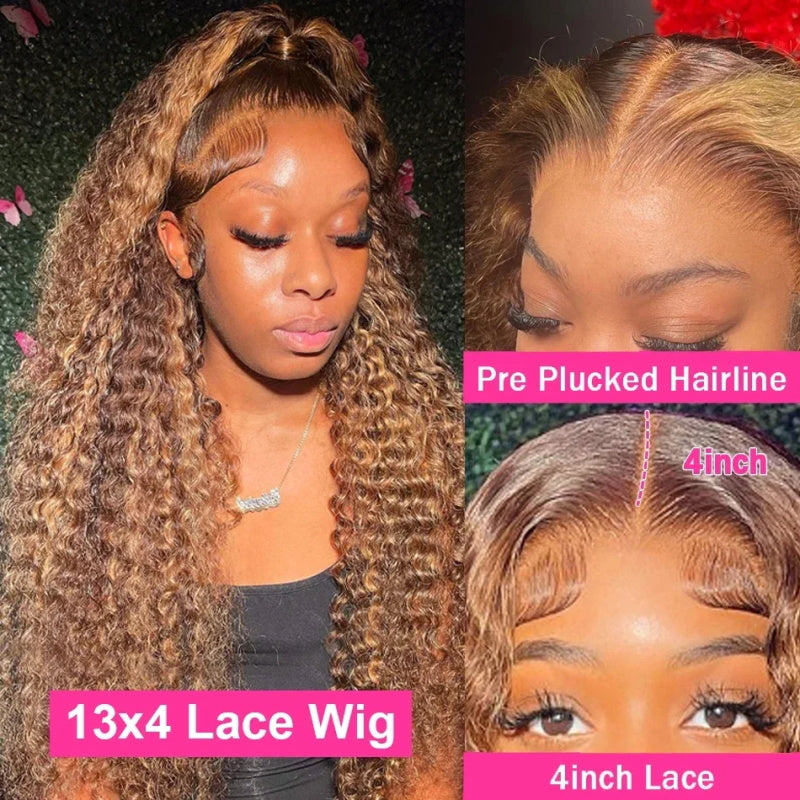 Highlight Deep Curly Lace Front Human Hair Wigs 13x4 Honey Blonde Deep Wave Colored Glueless Wigs