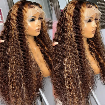 Highlight Deep Curly Lace Front Human Hair Wigs 13x4 Honey Blonde Deep Wave Colored Glueless Wigs