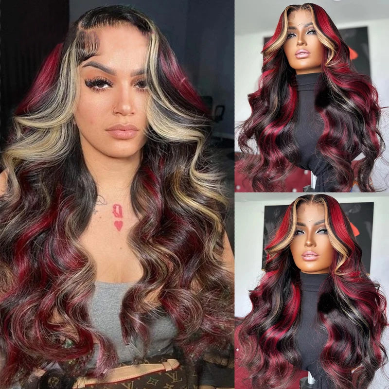 Highlight Red Blonde Colored Body Wave Transparent 13x4 Lace Front Wig Human Hair Wig