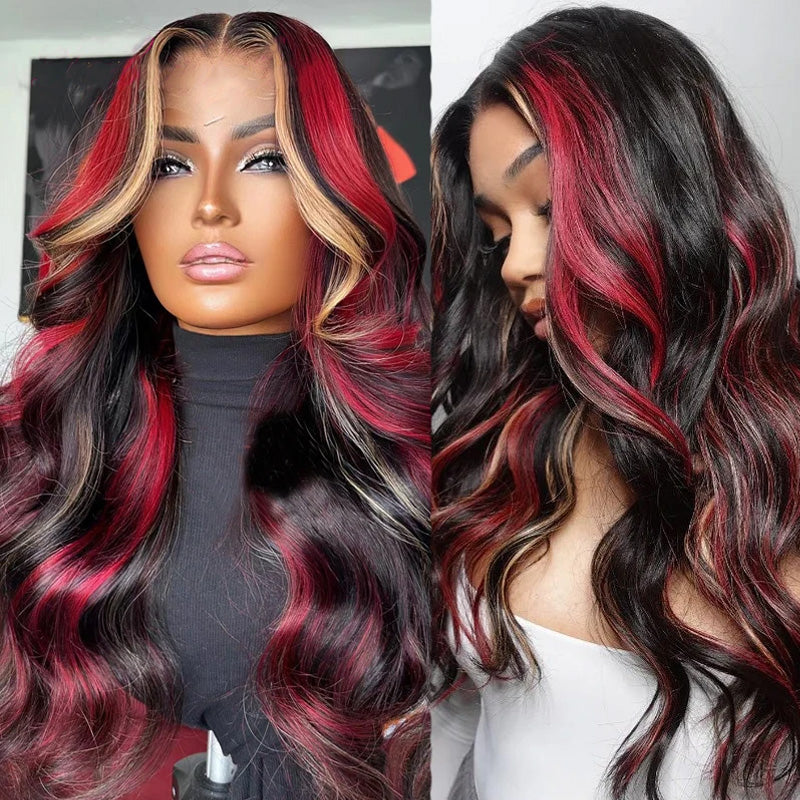 Highlight Red Blonde Colored Body Wave Transparent 13x4 Lace Front Wig Human Hair Wig