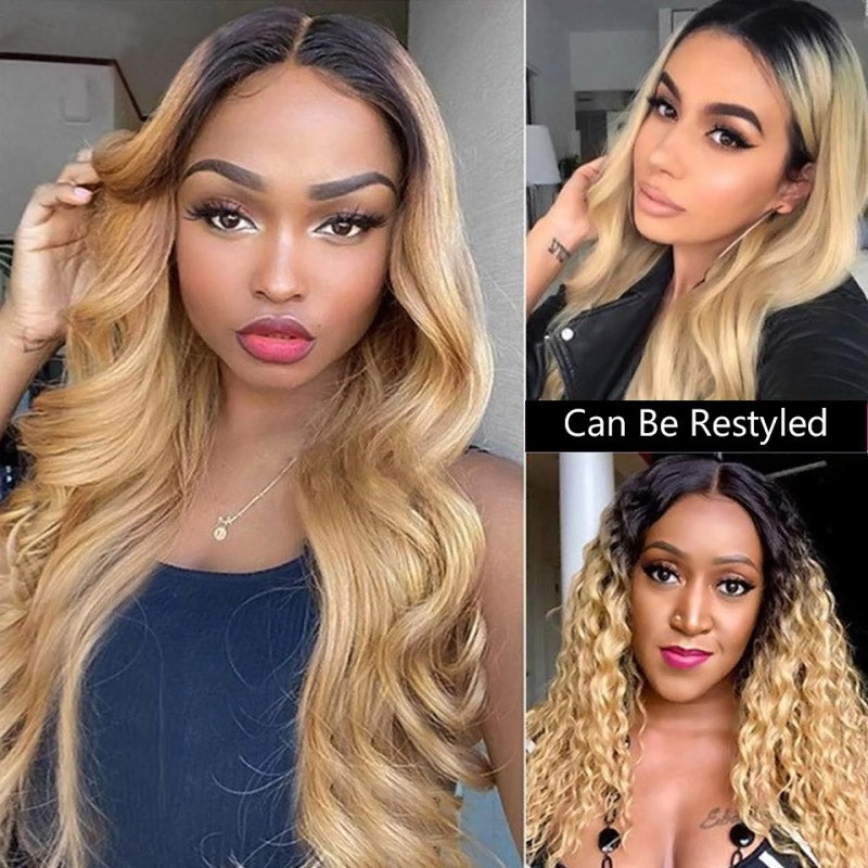 Honey Blonde 1B/27 Body Wave Lace Front Wig Ombre Full Lace Human Hair Wig Colored Frontal Wigs