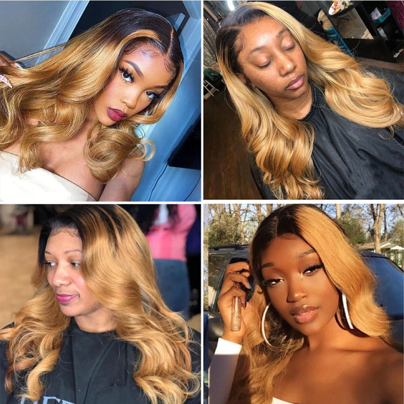 Honey Blonde 1B/27 Body Wave Lace Front Wig Ombre Full Lace Human Hair Wig Colored Frontal Wigs