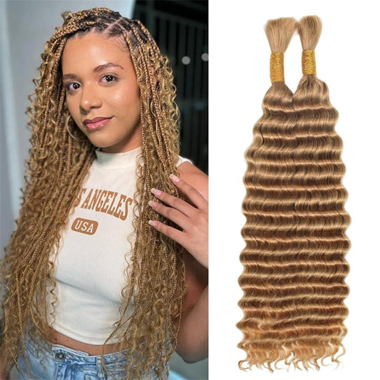 Honey Blonde # 27 Color Deep Wave Human Hair Bulk No Weft Extension For Boho Braiding