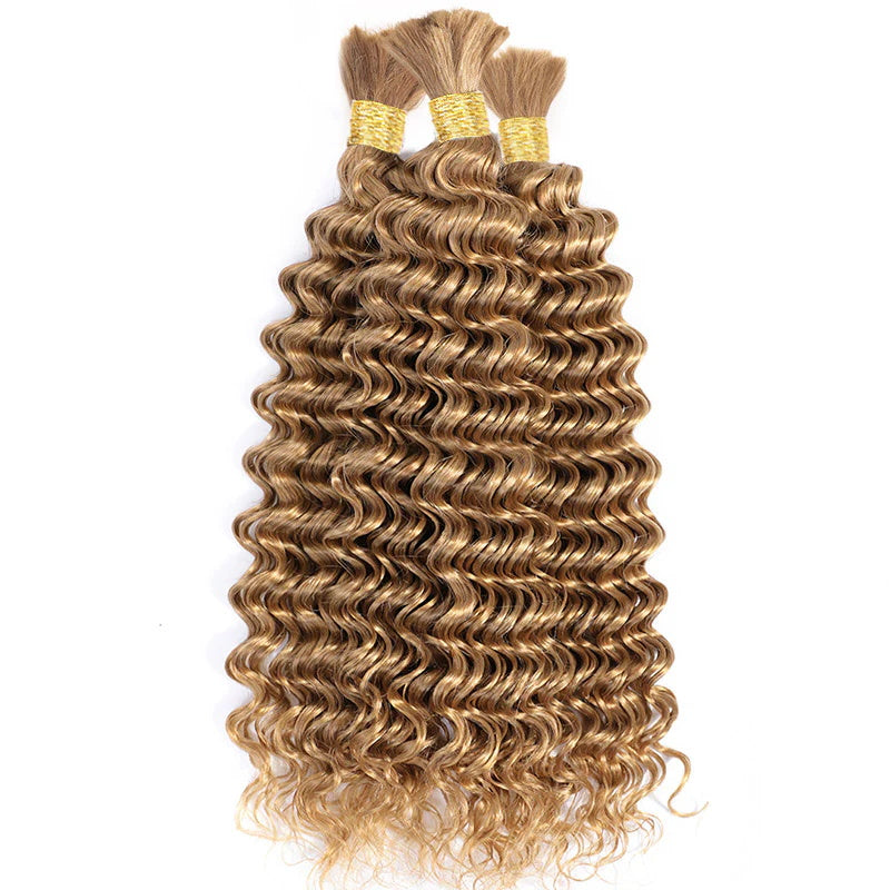 Honey Blonde # 27 Color Deep Wave Human Hair Bulk No Weft Extension For Boho Braiding