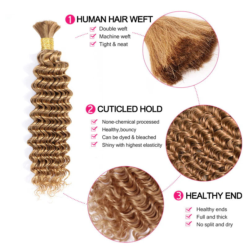Honey Blonde # 27 Color Deep Wave Human Hair Bulk No Weft Extension For Boho Braiding