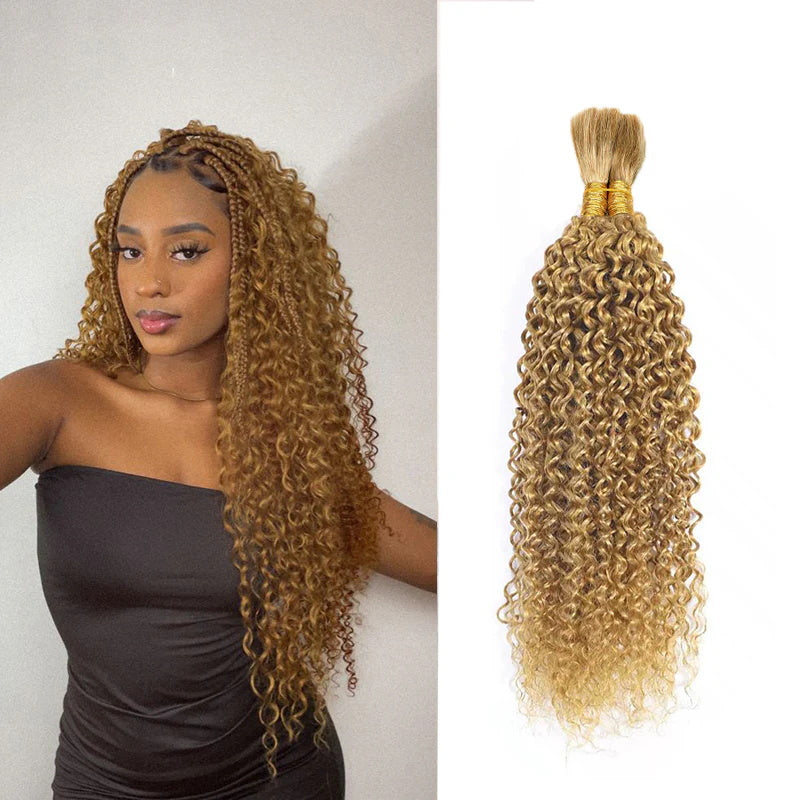 Honey Blonde # 27 Color Deep Wave Human Hair Bulk No Weft Extension For Boho Braiding