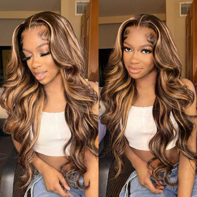 Honey Blonde Highlights Glueless Wig 13x6 Lace Front Wig Body Wave Hair Wig HD Lace Frontal Wig