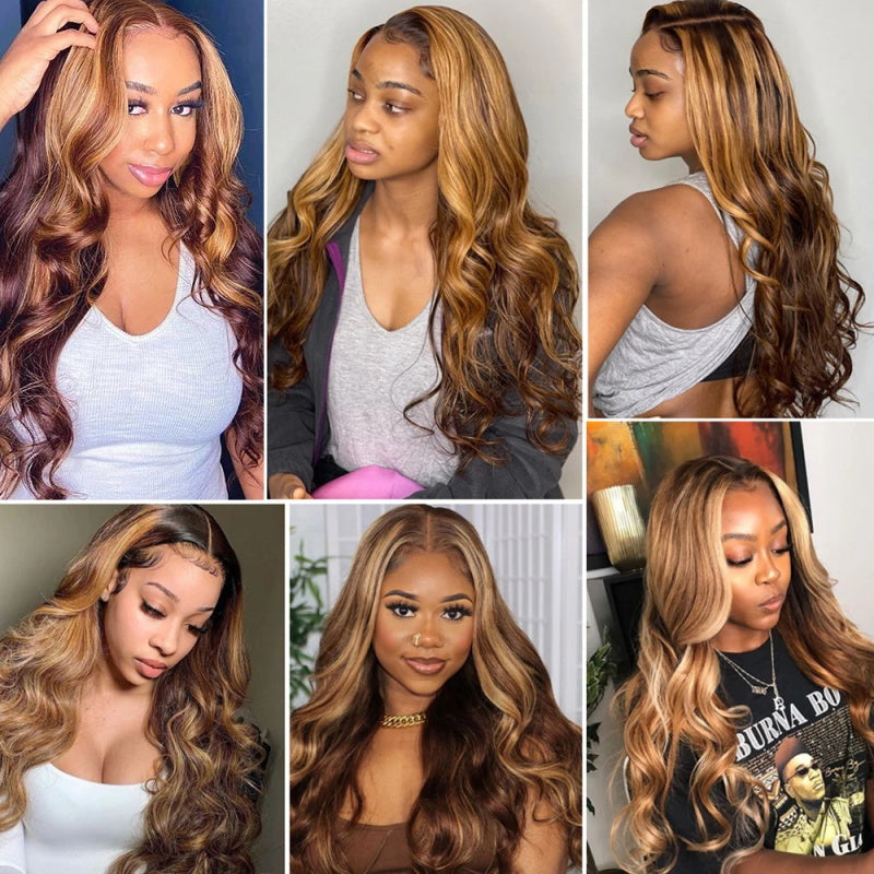 Honey Blonde Highlights Glueless Wig 13x6 Lace Front Wig Body Wave Hair Wig HD Lace Frontal Wig