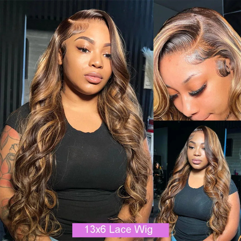 Honey Blonde Highlights Glueless Wig 13x6 Lace Front Wig Body Wave Hair Wig HD Lace Frontal Wig