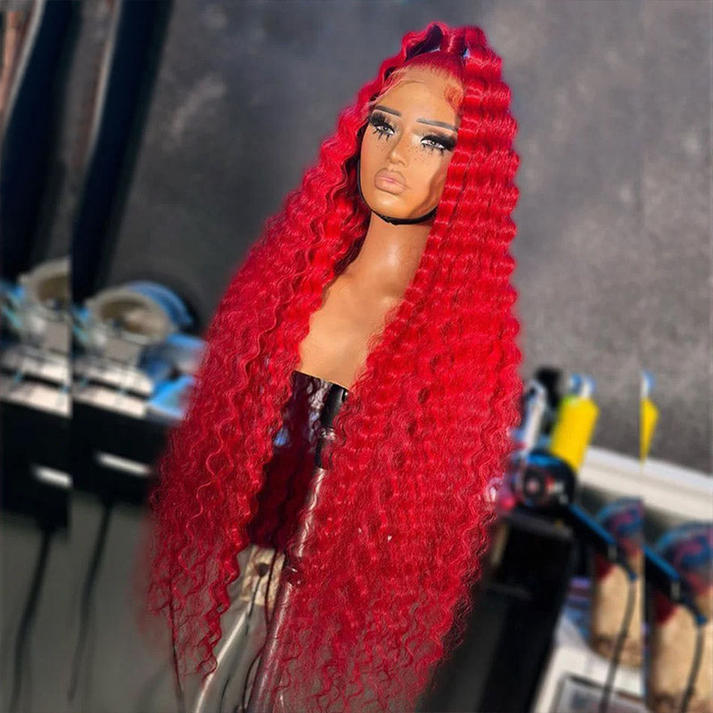 Long 32Inch Red Color Deep Wave 13x4 Lace Front Wigs Glueless Wig with Pre-Plucked