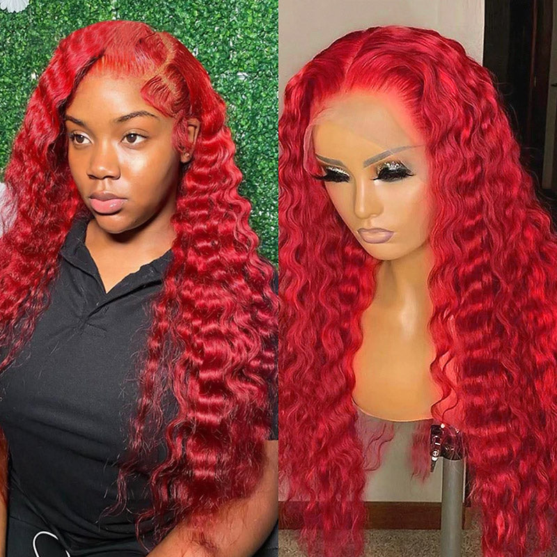 Long 32Inch Red Color Deep Wave 13x4 Lace Front Wigs Glueless Wig with Pre-Plucked