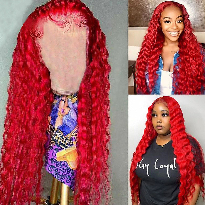 Long 32Inch Red Color Deep Wave 13x4 Lace Front Wigs Glueless Wig with Pre-Plucked