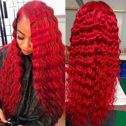 Long 32Inch Red Color Deep Wave 13x4 Lace Front Wigs Glueless Wig with Pre-Plucked