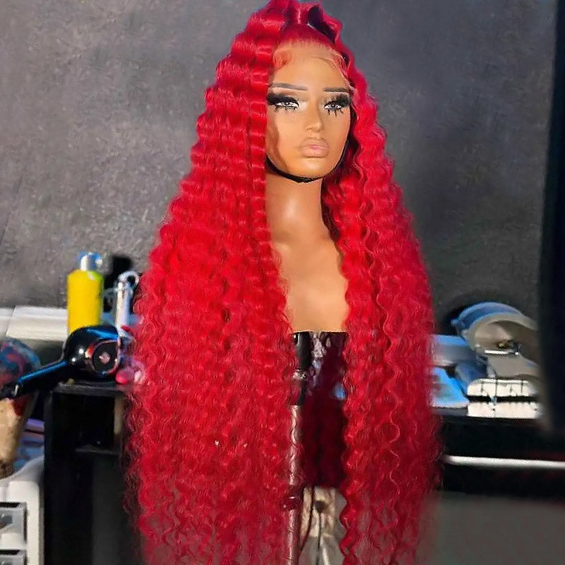 Long 32Inch Red Color Deep Wave 13x4 Lace Front Wigs Glueless Wig with Pre-Plucked