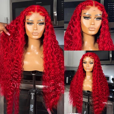 Long 32Inch Red Color Deep Wave 13x4 Lace Front Wigs Glueless Wig with Pre-Plucked