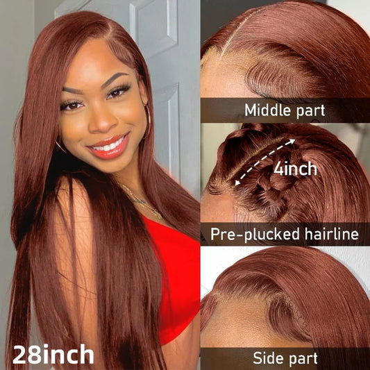 Long 40inch 250% Density #33 Reddish Brown Straight 13x4 Lace Front Wigs with Pre-plucked Human Hair Wigs For Women