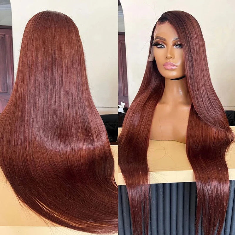 Long 40inch 250% Density #33 Reddish Brown Straight 13x4 Lace Front Wigs with Pre-plucked Human Hair Wigs For Women