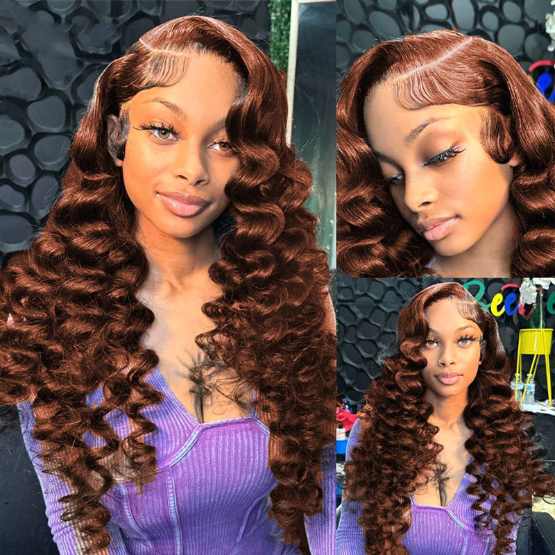 Long 40 Inch Reddish Brown #33 Color Loose Deep Wave Wig 13x4 Lace Frontal Glueless Human Hair Wigs