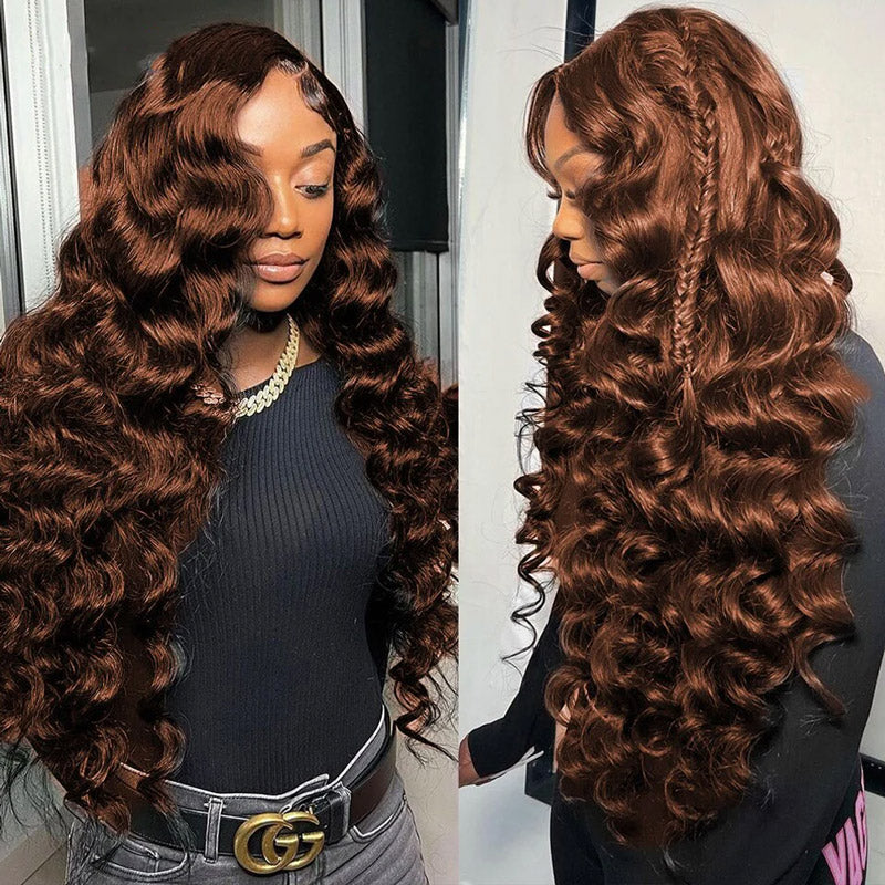Long 40 Inch Reddish Brown #33 Color Loose Deep Wave Wig 13x4 Lace Frontal Glueless Human Hair Wigs