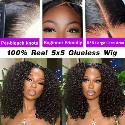 Hairinbeauty Wear Go Kinky Curly 5x5 Bob Lace Wig Pre Bleached Tiny Knots HD Lace Glueless Wig