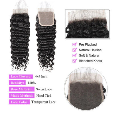 Mink Hair 4 Bundles Deep Wave Hair with 4*4 Lace Closure Brazilian Hair Extensions