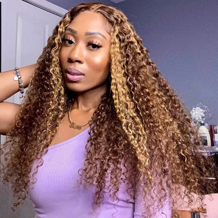 Ready To Wear Highlight Brown P4/27 Kinky Curly Wigs 180% Density Deep Curly Pre-plucked Glueless Lace Wigs With Bleached Knots Pre-cut Lace Esy Installed