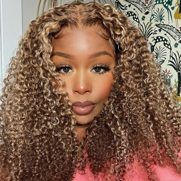 180% Density Wear Go Highlight Wig Brown Color Deep Curly Pre-Cut Glueless HD Lace Closure Wig Kinky Curly Human Hair Wigs