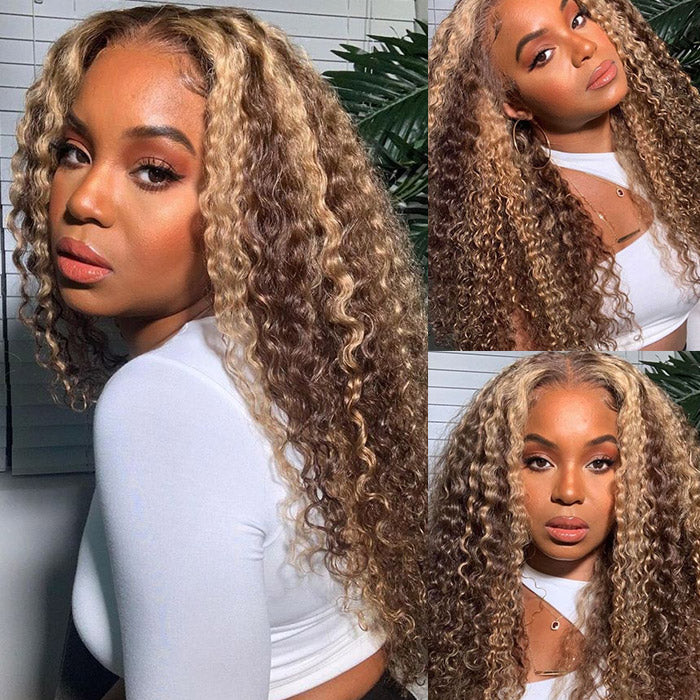 Ready To Wear Highlight Brown P4/27 Kinky Curly Wigs 180% Density Deep Curly Pre-plucked Glueless Lace Wigs With Bleached Knots Pre-cut Lace Esy Installed