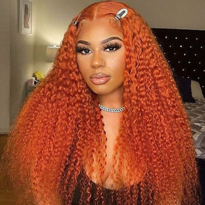 Ginger Orange Color 13x4 HD Lace Front Wig Kinky Culrs Human Hair Wigs Long Glueless Deep Curly Lace Wigs