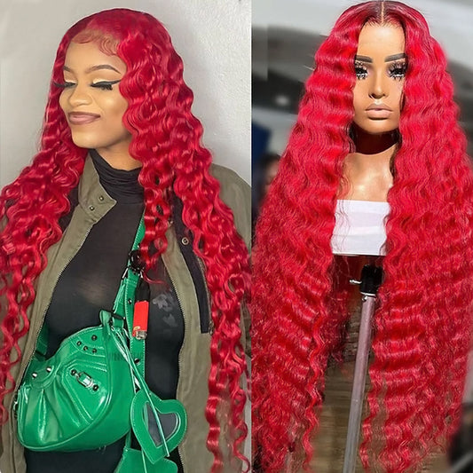Red Color Loose Deep Wave 13x4 Transparent Lace Front Wigs For Women with Pre Plucked Glueless Wig