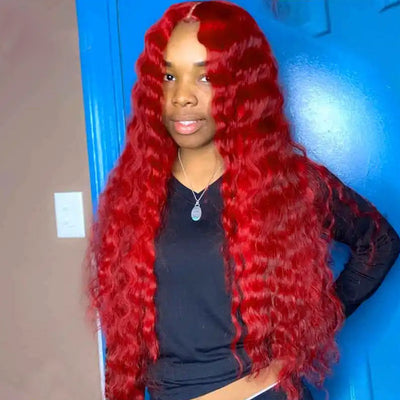 Red Color Loose Deep Wave 13x4 Transparent Lace Front Wigs For Women with Pre Plucked Glueless Wig