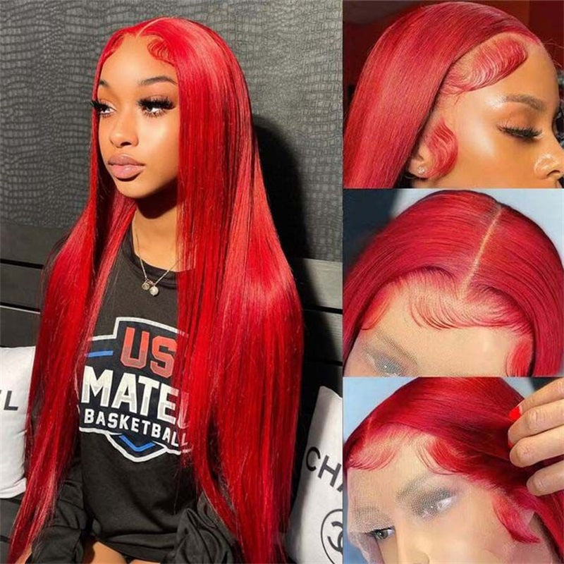 Red Colored 13x4 Lace Frontal Wig 32 Inch Straight Human Hair Wig Undetectable Invisible Ready To Wear Lace Wigs