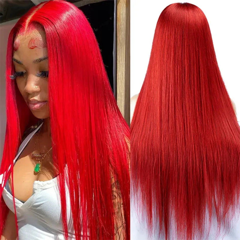 Red Colored 13x4 Lace Frontal Wig 32 Inch Straight Human Hair Wig Undetectable Invisible Ready To Wear Lace Wigs