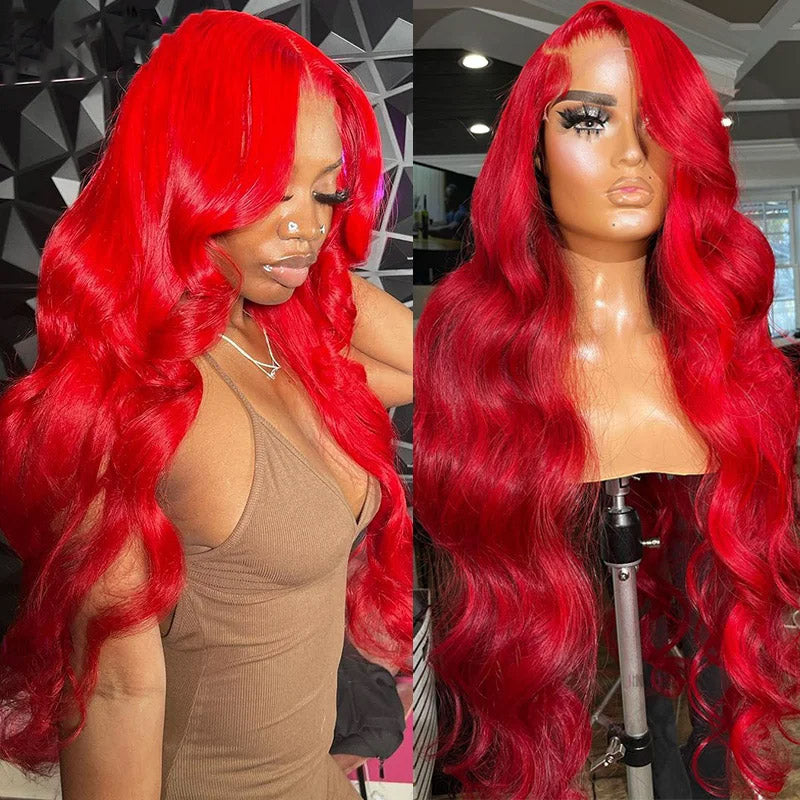 Red Colored Body Wave Wig 13x6 Transparent Lace Frontal Wigs Straight Glueless Humna Hair Wigs