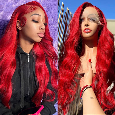 Red Colored Body Wave Wig 13x6 Transparent Lace Frontal Wigs Straight Glueless Humna Hair Wigs