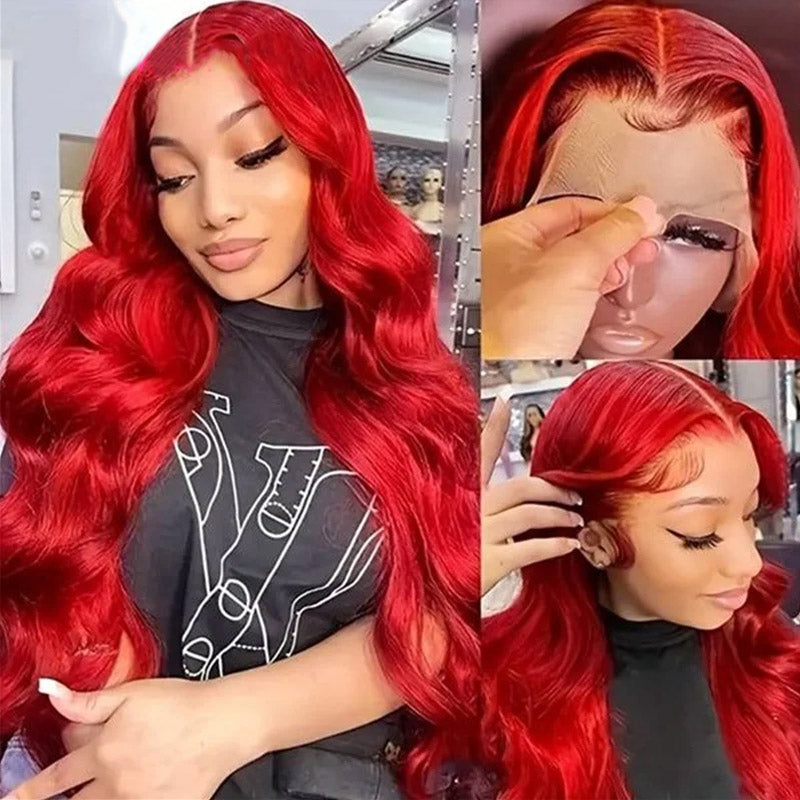 Red Colored Body Wave Wig 13x6 Transparent Lace Frontal Wigs Straight Glueless Humna Hair Wigs