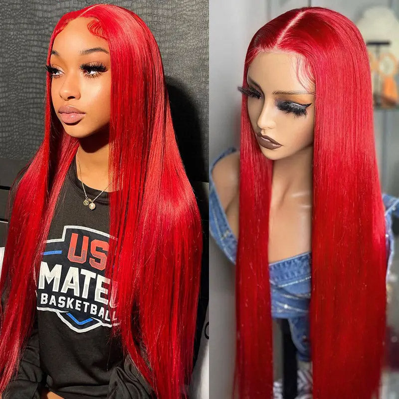 Red Colored Body Wave Wig 13x6 Transparent Lace Frontal Wigs Straight Glueless Humna Hair Wigs