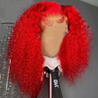 Red Colored Kink Curly Bob Wig  13x4 Lace Front Bob Wig Guleless Human Hair Wigs 180% Density