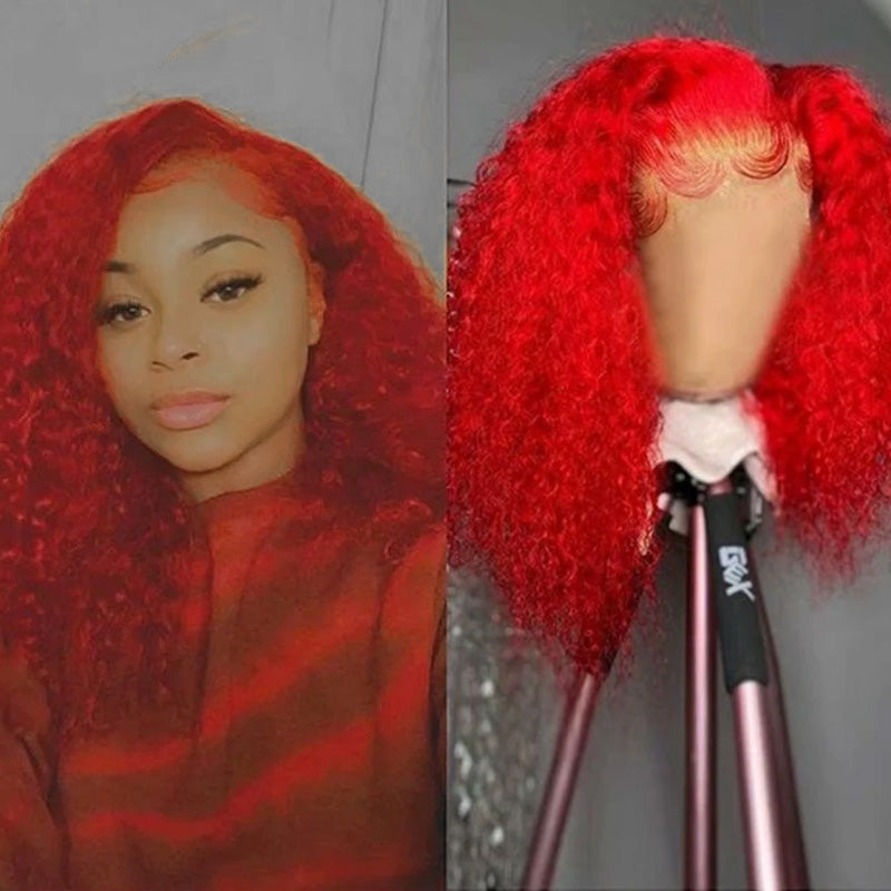 Red Colored Kink Curly Bob Wig  13x4 Lace Front Bob Wig Guleless Human Hair Wigs 180% Density