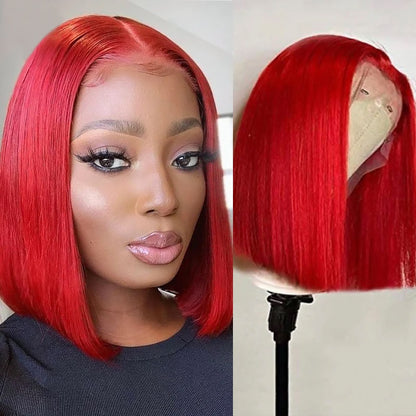 Red Colored Straight Hair 13x4 Lace Front Bob Wig Human Hair Wigs With Pre Plucked