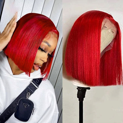 Red Colored Straight Hair 13x4 Lace Front Bob Wig Human Hair Wigs With Pre Plucked