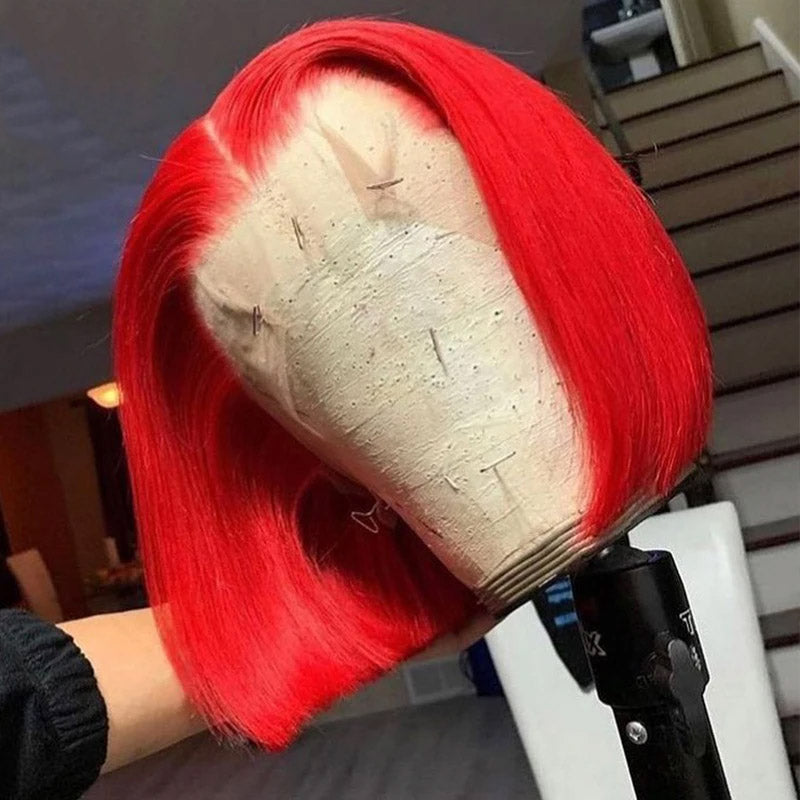 Red Colored Straight Hair 13x4 Lace Front Bob Wig Human Hair Wigs With Pre Plucked