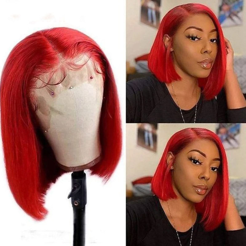Red Colored Straight Hair 13x4 Lace Front Bob Wig Human Hair Wigs With Pre Plucked