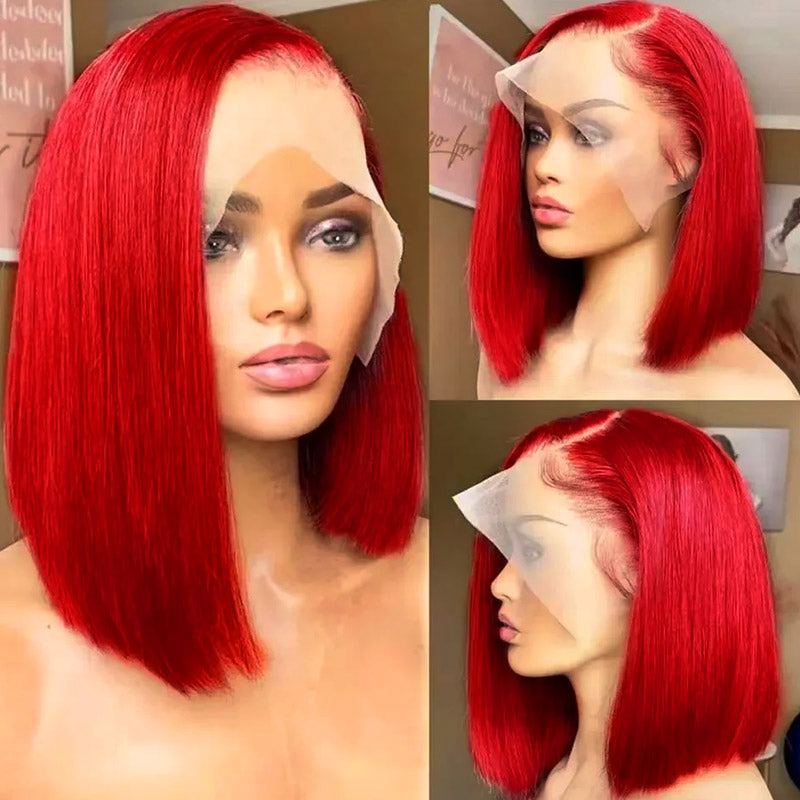 Red Colored Straight Hair 13x4 Lace Front Bob Wig Human Hair Wigs With Pre Plucked