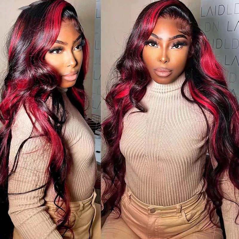 Red Highlight Wig Body Wave 13x4 HD Lace Front Wigs Ombre Glueless Wig 180% Density