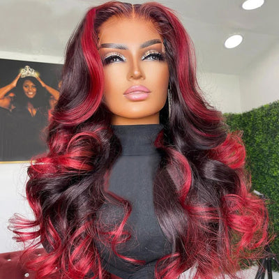 Red Highlight Wig Body Wave 13x4 HD Lace Front Wigs Ombre Glueless Wig 180% Density