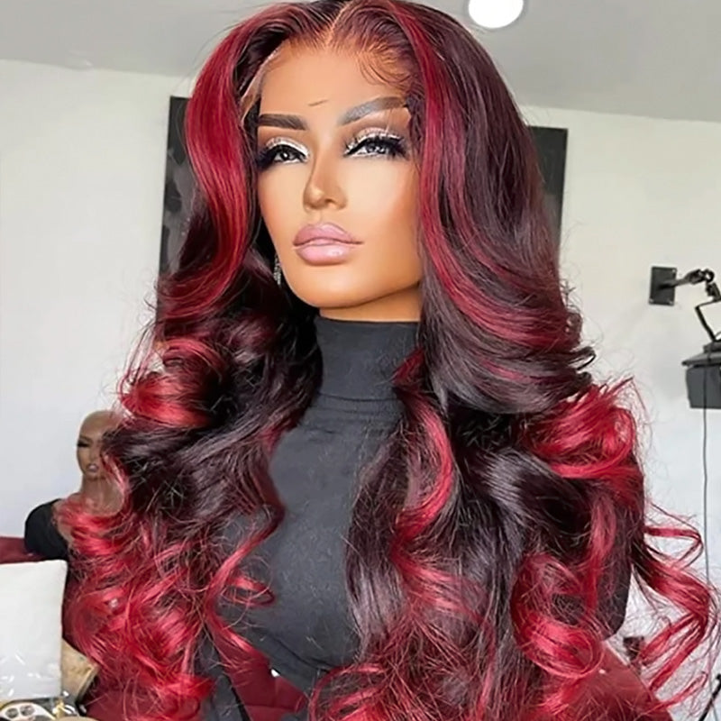 Red Highlight Wig Body Wave 13x4 HD Lace Front Wigs Ombre Glueless Wig 180% Density