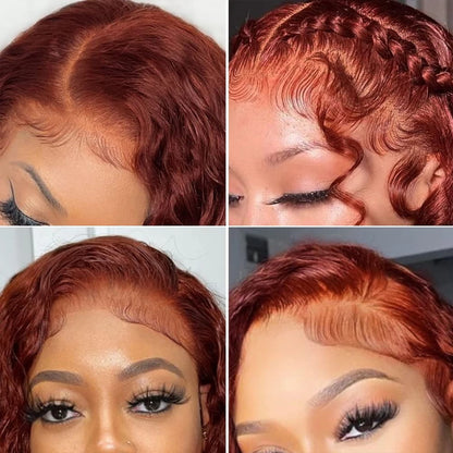 Long 40 Inch Glueless Reddish Brown Color Deep Curly 13x4 Lace Front Wig With Pre-plucked Hairline